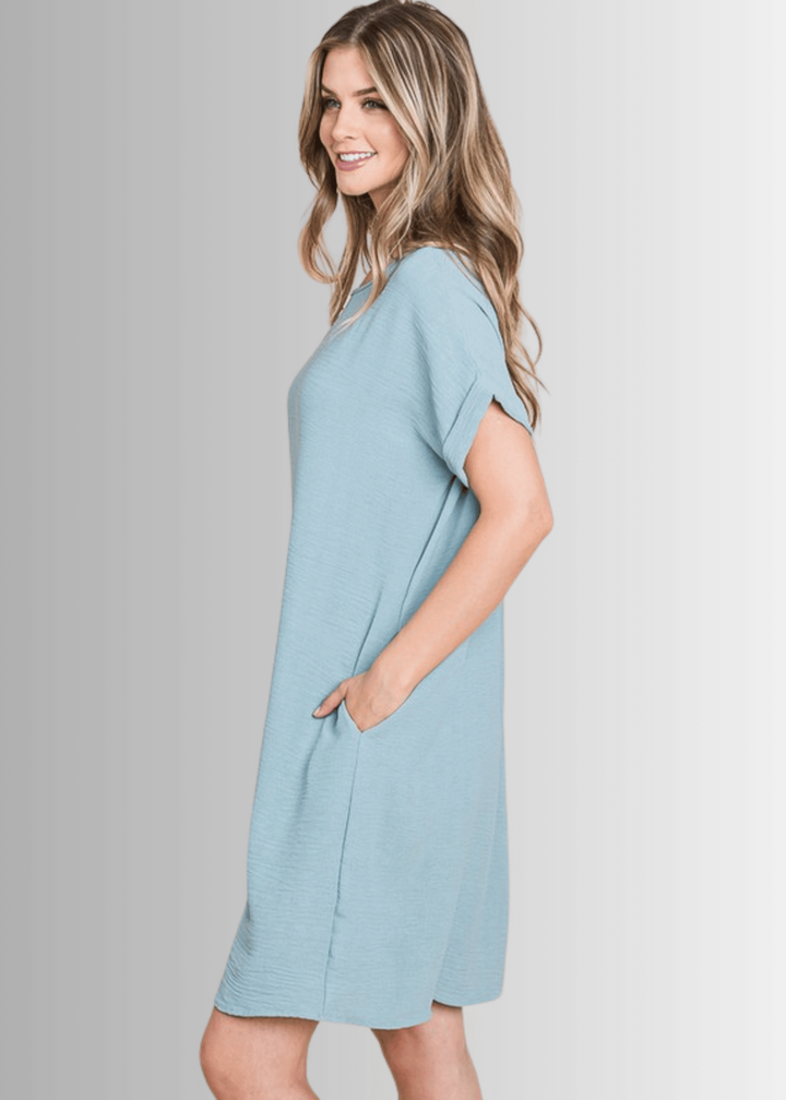 Made in USA Women's Mini/Knee Length Shirt Dress, Short Sleeves, Round Neck, Relaxed Fit, Non-stretch, Textured Crinkled Fabric, Side Pockets in Light Blue | Classy Cozy Cool Made in America Boutique