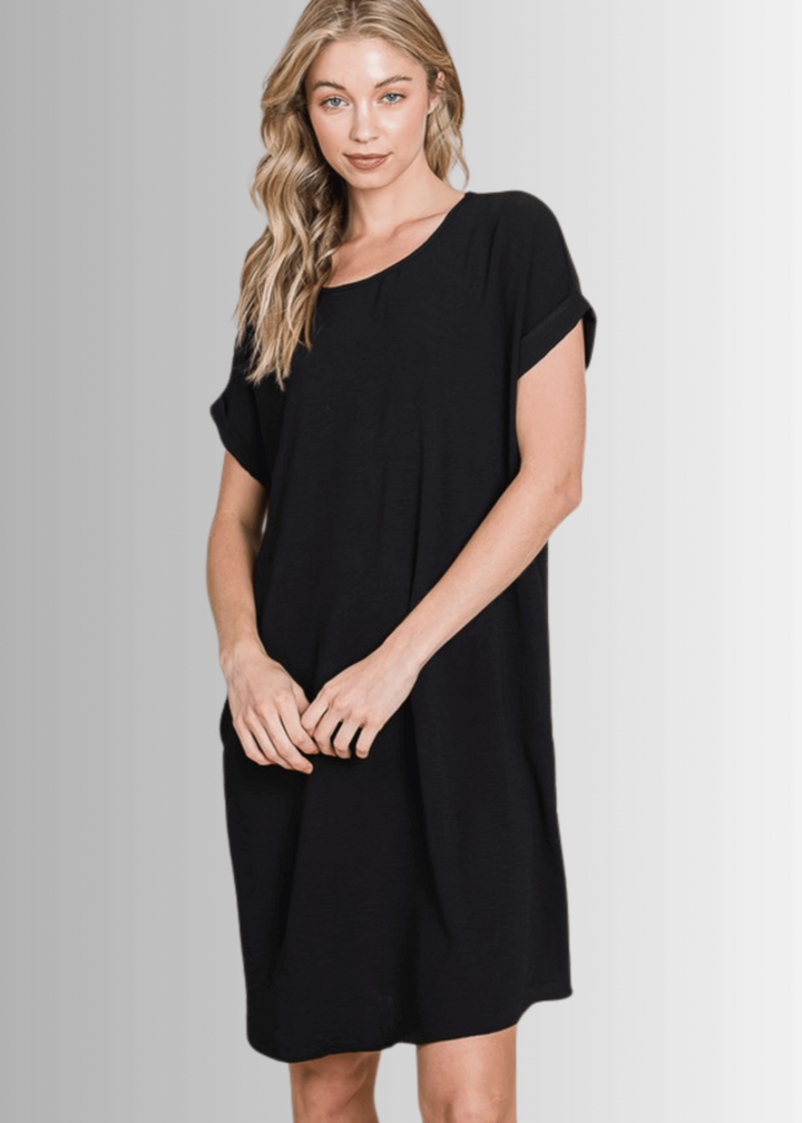 Made in USA Women's Mini/Knee Length Shirt Dress, Short Sleeves, Round Neck, Relaxed Fit, Non-stretch, Textured Crinkled Fabric, Side Pockets in Black | Classy Cozy Cool Made in America Boutique