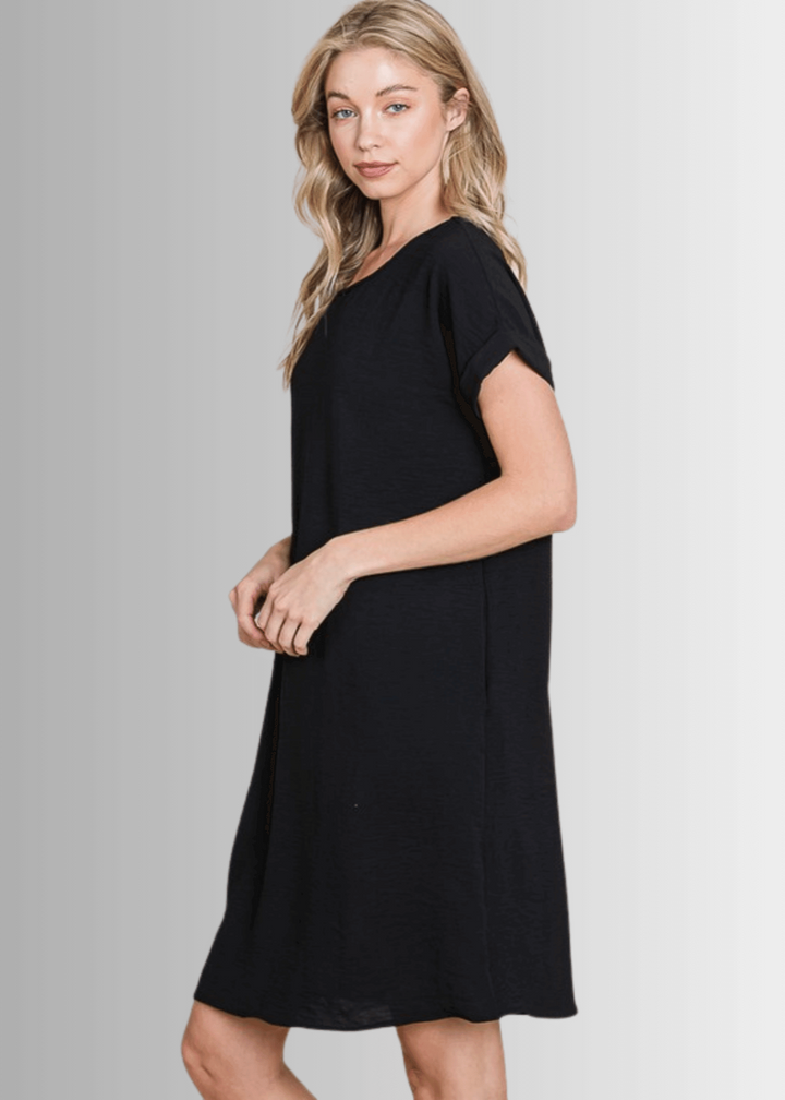Made in USA Women's Mini/Knee Length Shirt Dress, Short Sleeves, Round Neck, Relaxed Fit, Non-stretch, Textured Crinkled Fabric, Side Pockets in Black | Classy Cozy Cool Made in America Boutique