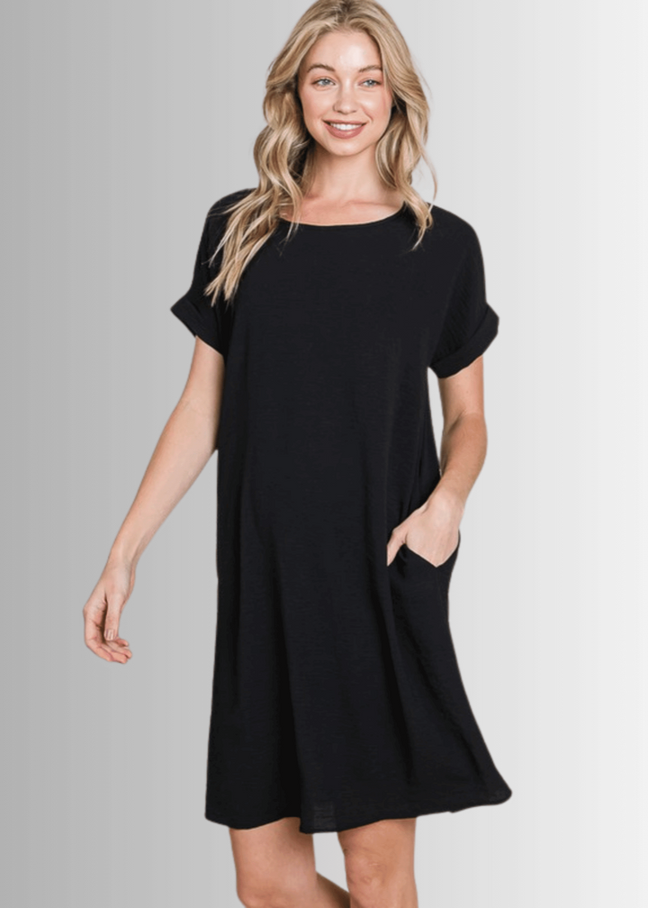 Made in USA Women's Mini/Knee Length Shirt Dress, Short Sleeves, Round Neck, Relaxed Fit, Non-stretch, Textured Crinkled Fabric, Side Pockets in Black | Classy Cozy Cool Made in America Boutique