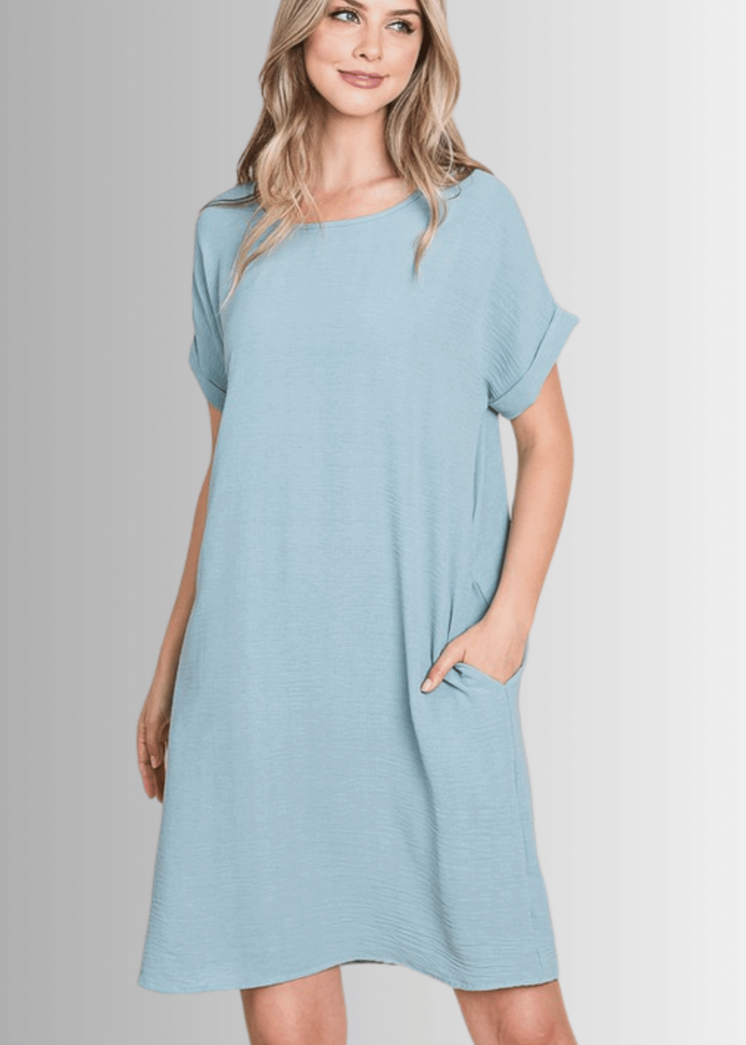Made in USA Women's Mini/Knee Length Shirt Dress, Short Sleeves, Round Neck, Relaxed Fit, Non-stretch, Textured Crinkled Fabric, Side Pockets in Light Blue | Classy Cozy Cool Made in America Boutique