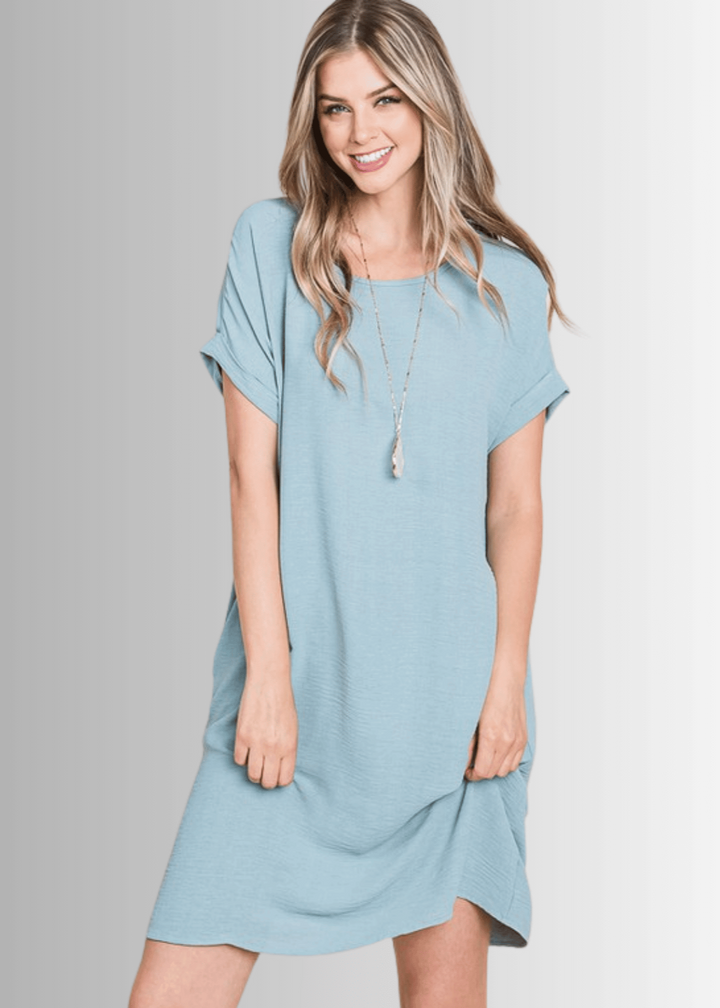 Made in USA Women's Mini/Knee Length Shirt Dress, Short Sleeves, Round Neck, Relaxed Fit, Non-stretch, Textured Crinkled Fabric, Side Pockets in Light Blue | Classy Cozy Cool Made in America Boutique