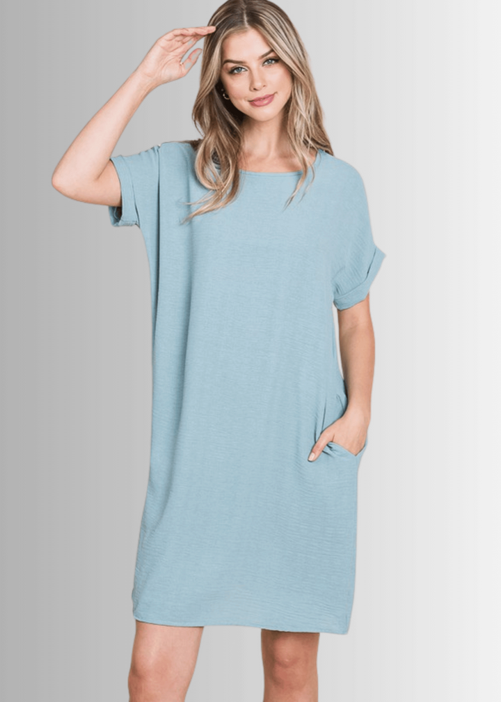 Made in USA Women's Mini/Knee Length Shirt Dress, Short Sleeves, Round Neck, Relaxed Fit, Non-stretch, Textured Crinkled Fabric, Side Pockets in Light Blue | Classy Cozy Cool Made in America Boutique