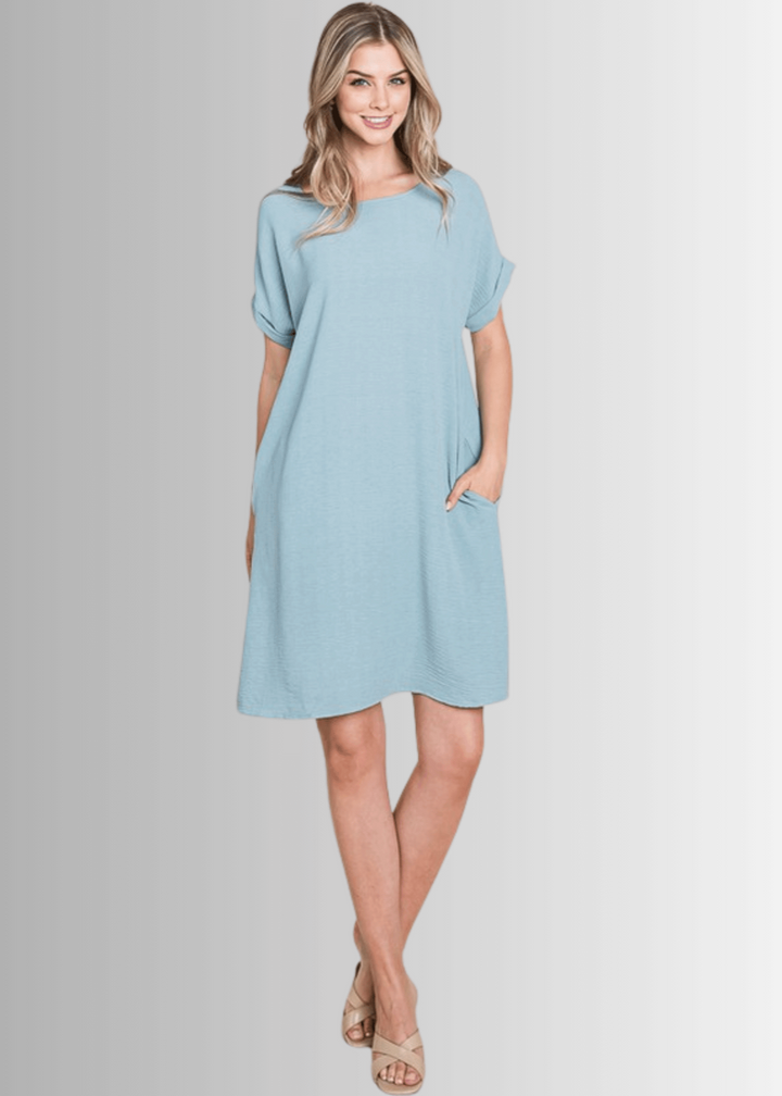 Made in USA Women's Mini/Knee Length Shirt Dress, Short Sleeves, Round Neck, Relaxed Fit, Non-stretch, Textured Crinkled Fabric, Side Pockets in Light Blue | Classy Cozy Cool Made in America Boutique