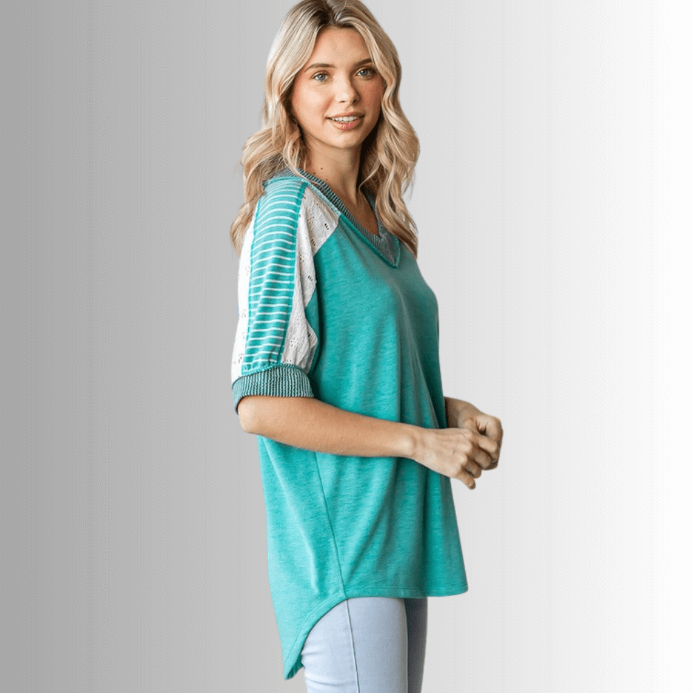 Made in USA Multi Fabric V-Neck Top, Lace and Ribbed Detail, Curved Hem, Short Sleeves, Relaxed Fit, Available Colors: Blue, Green, Pink and Beige Style T5888