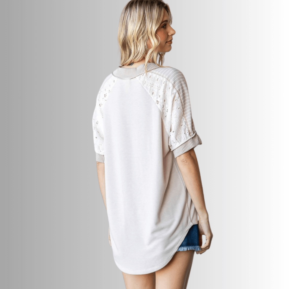 Made in USA Multi Fabric V-Neck Top, Lace and Ribbed Detail, Curved Hem, Short Sleeves, Relaxed Fit, Available Colors: Blue, Green, Pink and Beige Style T5888