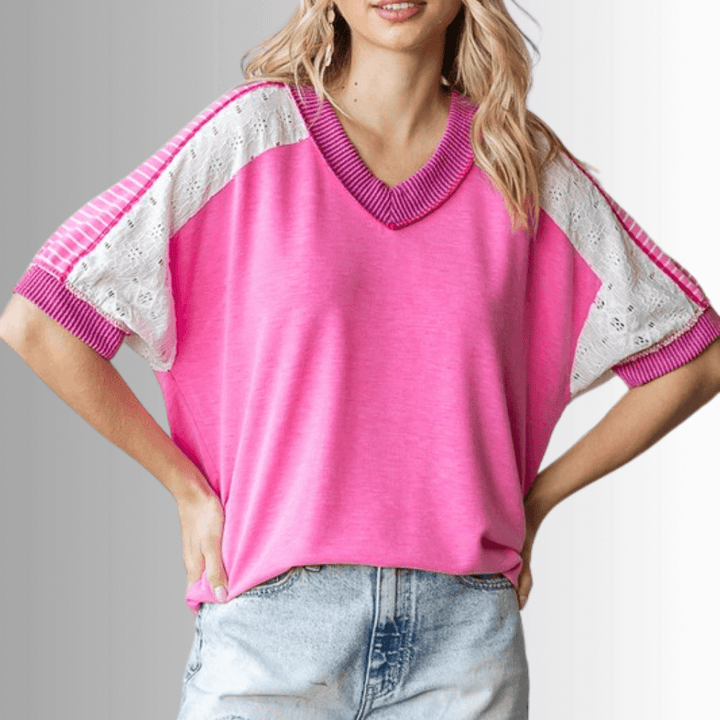 Made in USA Multi Fabric V-Neck Top, Lace and Ribbed Detail, Curved Hem, Short Sleeves, Relaxed Fit, Available Colors: Blue, Green, Pink and Beige Style T5888