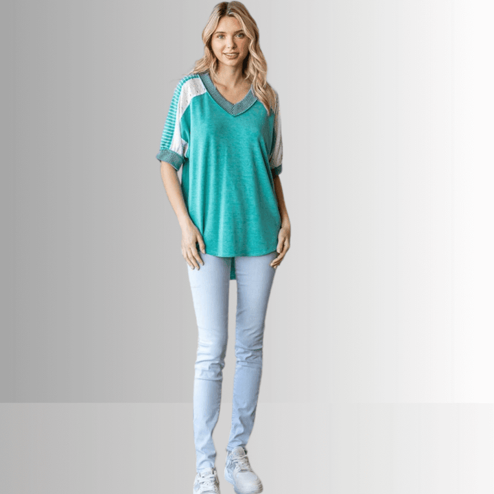 Made in USA Multi Fabric V-Neck Top, Lace and Ribbed Detail, Curved Hem, Short Sleeves, Relaxed Fit, Available Colors: Blue, Green, Pink and Beige Style T5888