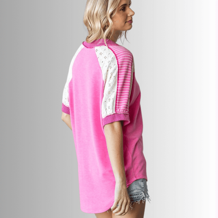 Made in USA Multi Fabric V-Neck Top, Lace and Ribbed Detail, Curved Hem, Short Sleeves, Relaxed Fit, Available Colors: Blue, Green, Pink and Beige Style T5888