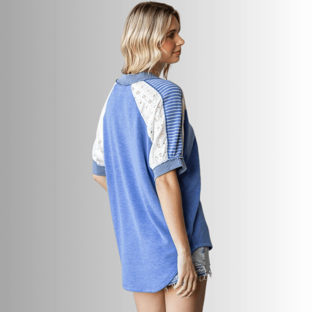 Made in USA Multi Fabric V-Neck Top, Lace and Ribbed Detail, Curved Hem, Short Sleeves, Relaxed Fit, Available Colors: Blue, Green, Pink and Beige Style T5888