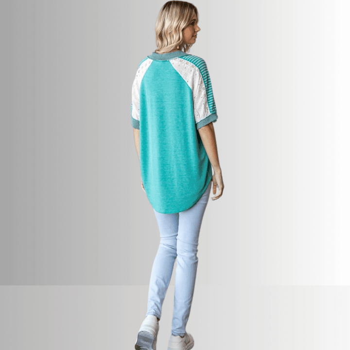 Made in USA Multi Fabric V-Neck Top, Lace and Ribbed Detail, Curved Hem, Short Sleeves, Relaxed Fit, Available Colors: Blue, Green, Pink and Beige Style T5888