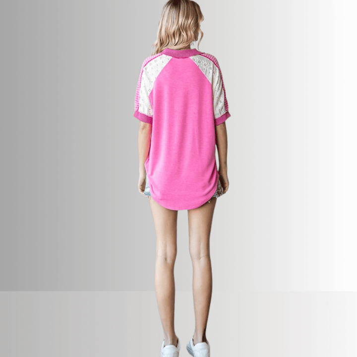 Made in USA Multi Fabric V-Neck Top, Lace and Ribbed Detail, Curved Hem, Short Sleeves, Relaxed Fit, Available Colors: Blue, Green, Pink and Beige Style T5888
