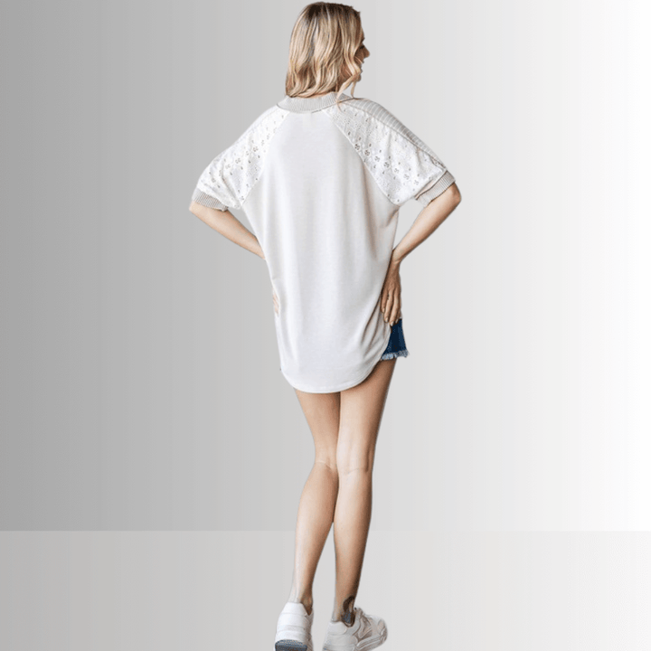 Made in USA Multi Fabric V-Neck Top, Lace and Ribbed Detail, Curved Hem, Short Sleeves, Relaxed Fit, Available Colors: Blue, Green, Pink and Beige Style T5888