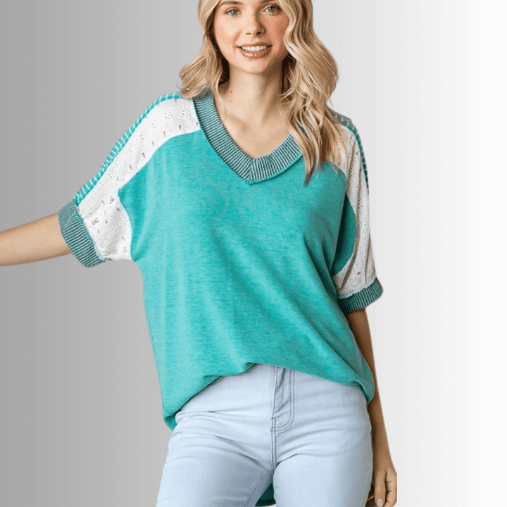 Made in USA Multi Fabric V-Neck Top, Lace and Ribbed Detail, Curved Hem, Short Sleeves, Relaxed Fit, Available Colors: Blue, Green, Pink and Beige Style T5888