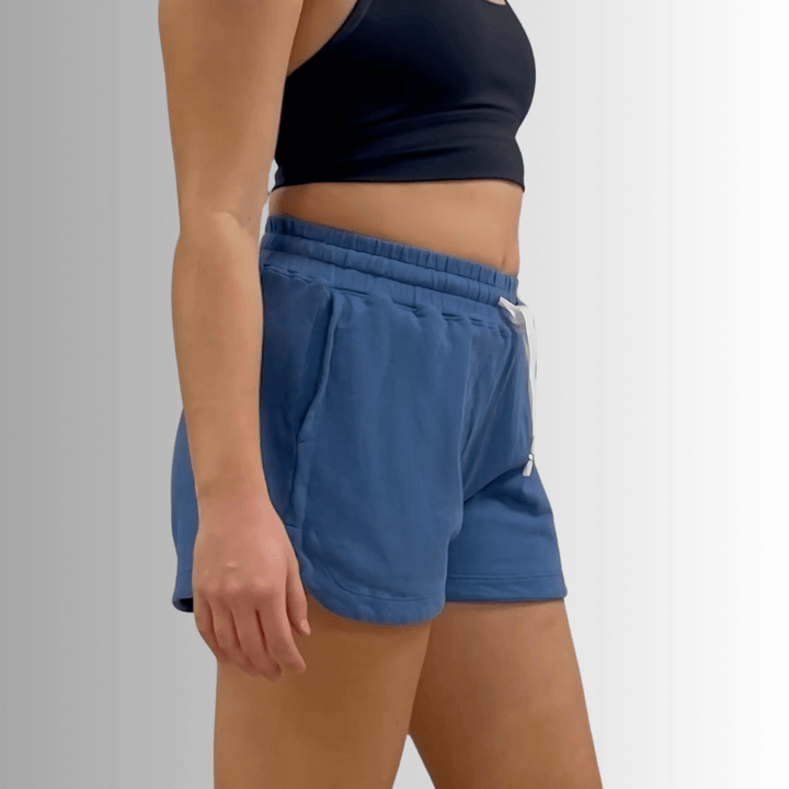 USA Made Ladies Premium Garment Washed French Terry Shorts with Elastic & Drawstring Waist in Denim Blue in 100% Cotton | Classy Cozy Cool Women's Made in America Clothing Boutique