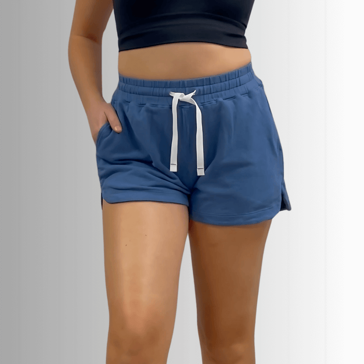 USA Made Ladies Premium Garment Washed French Terry Shorts with Elastic & Drawstring Waist in Denim Blue in 100% Cotton | Classy Cozy Cool Women's Made in America Clothing Boutique