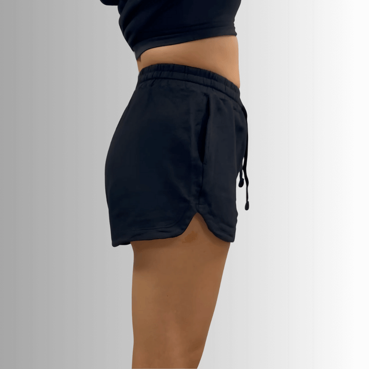 USA Made Ladies Premium Garment Washed French Terry Shorts with Elastic & Drawstring Waist in Denim Blue in 100% Cotton | Classy Cozy Cool Women's Made in America Clothing Boutique