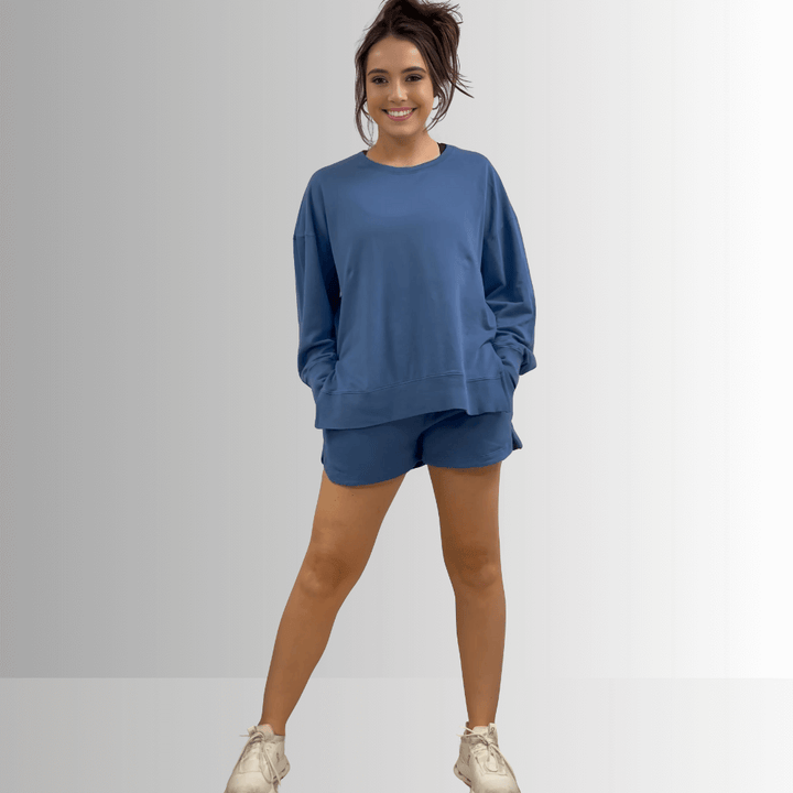 USA Made Ladies Premium Garment Washed French Terry Shorts with Elastic & Drawstring Waist in Denim Blue in 100% Cotton | Classy Cozy Cool Women's Made in America Clothing Boutique