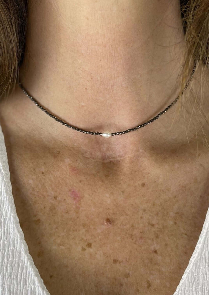 USA Made Dainty Beaded Necklace with Pearl Center Piece Adjustable Length in Bronze  | Fashion Jewelry Handmade in Texas by Carol Su | Made in America Boutique