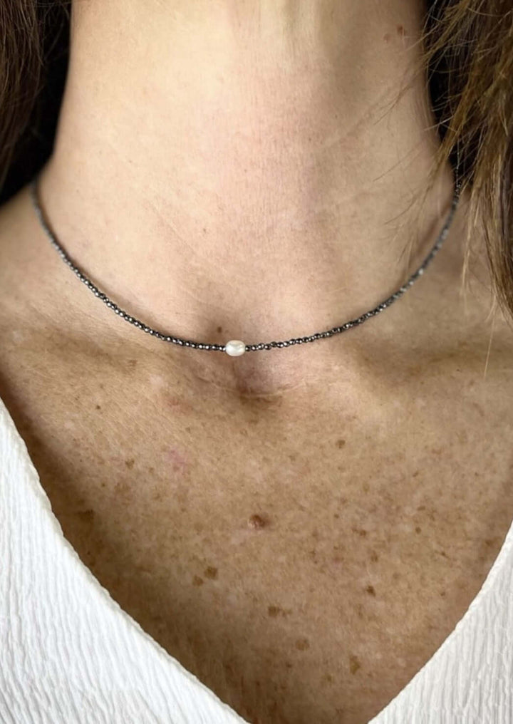USA Made Dainty Beaded Necklace with Pearl Center Piece Adjustable Length in Gunmetal  | Fashion Jewelry Handmade in Texas by Carol Su | Made in America Boutique