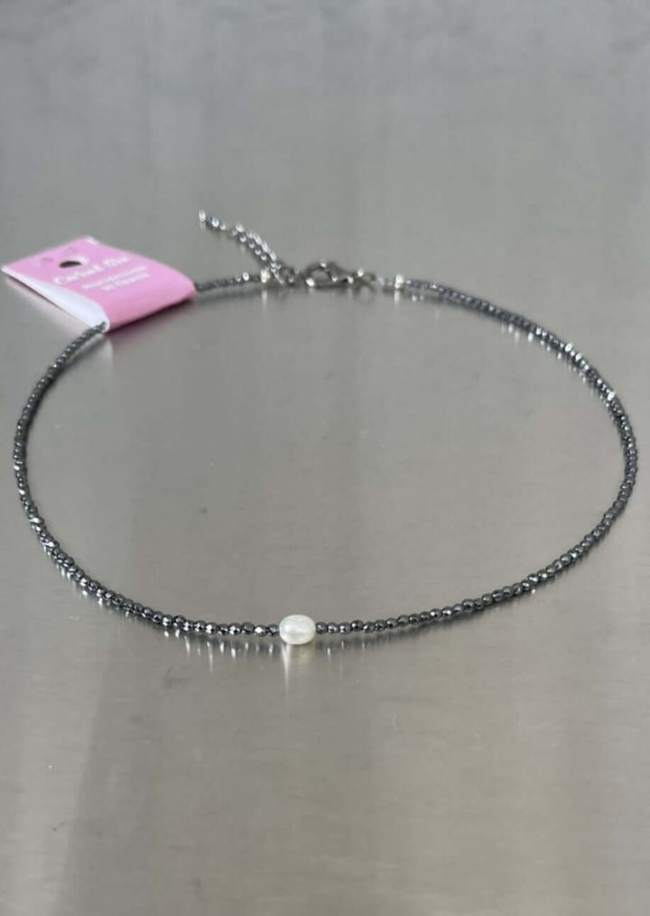 USA Made Dainty Beaded Necklace with Pearl Center Piece Adjustable Length in Gunmetal  | Fashion Jewelry Handmade in Texas by Carol Su | Made in America Boutique