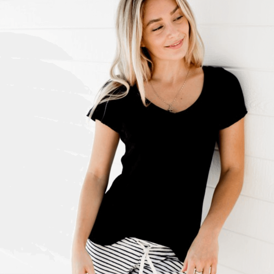 Sleepaholik Women's Cotton V-Neck Lounge Tee in Black or White | Made in USA | Soft Vintage Washed Cotton | Classy Cozy Cool Women's Made in America Clothing Boutique