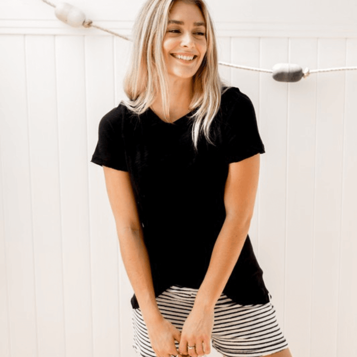 Sleepaholik Women's Cotton V-Neck Lounge Tee in Black or White | Made in USA | Soft Vintage Washed Cotton | Classy Cozy Cool Women's Made in America Clothing Boutique