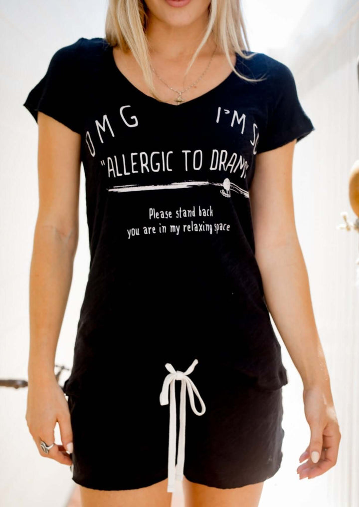 Sleepaholik Allergic to Drama Graphic Black V-Neck Lounge Tee | Made in USA | Soft Vintage Washed Cotton | Classy Cozy Cool Women's Made in America Clothing Boutique