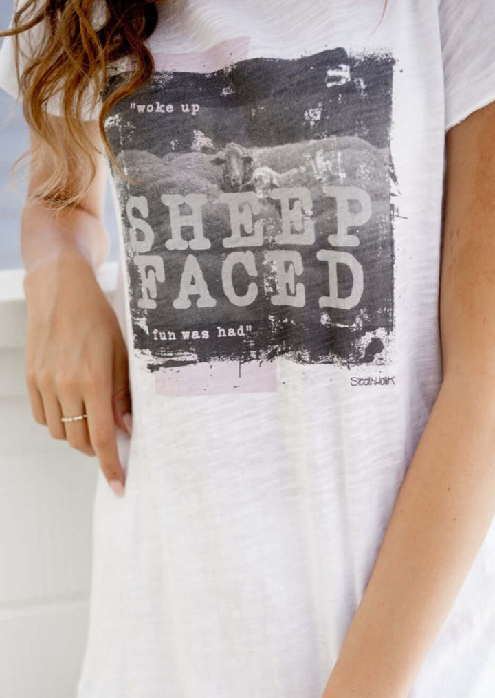 Sleepaholik Ladies Sheep Faced Graphic Lounge & Sleep Tee.  Proudly made in USA with  Cotton Made in the USA.  Classy Cozy Cool Women's Made in America Boutique