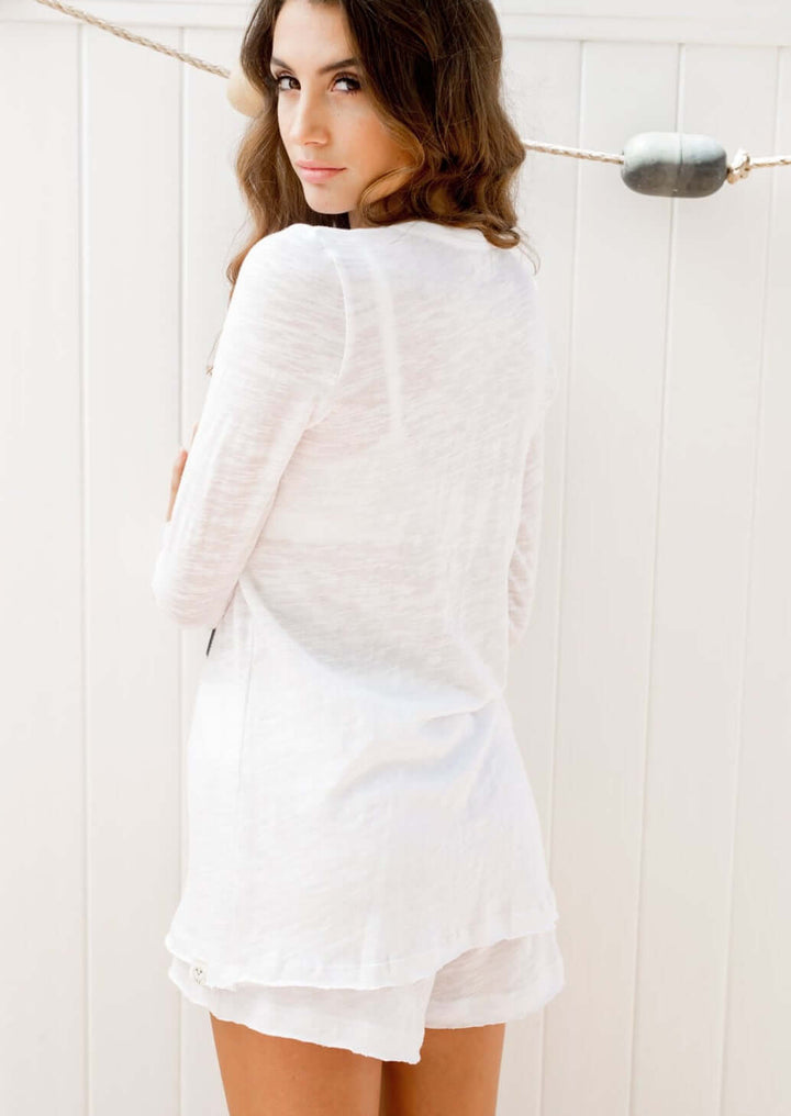 Sleepaholik Ladies Truly Trudy Shaker Shorts in White Vintage Washed Cotton with Drawstring Waist | Made in USA | Classy Cozy Cool Women's Made in America Clothing Boutique