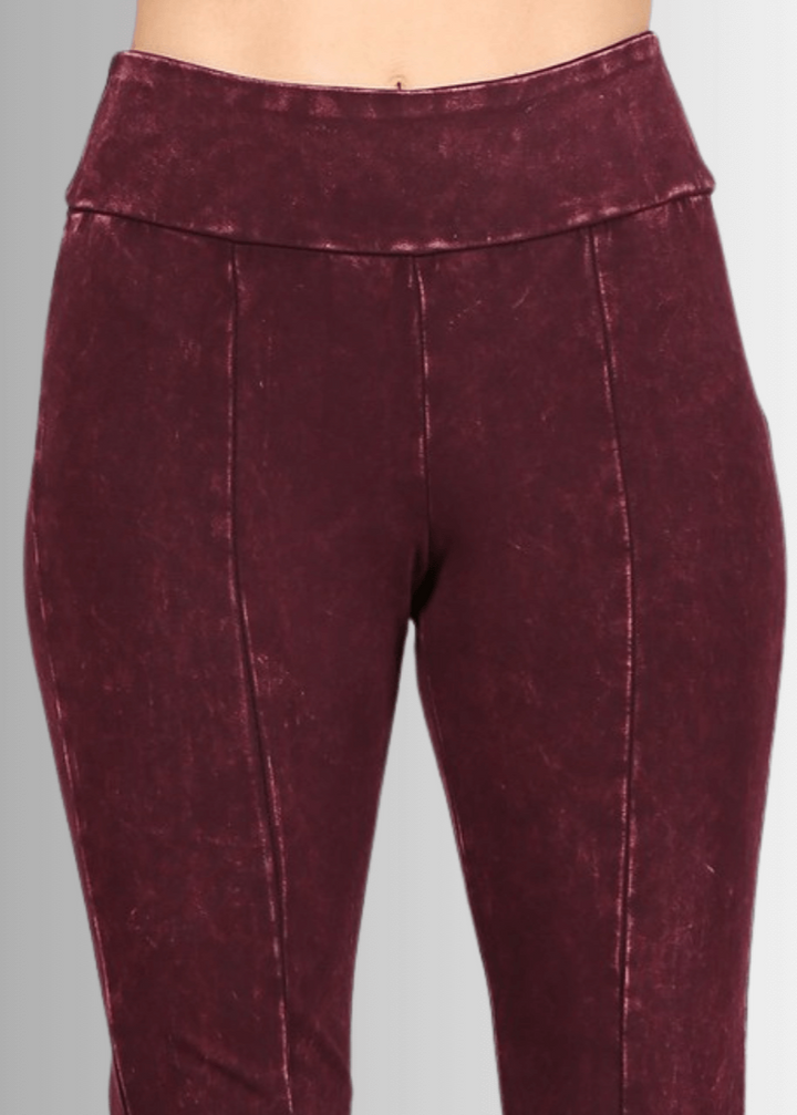 Made in USA Women's Slimming Mineral Washed Flared Pants, Jeggings in Mineral Washed Burgundy |  Made with USA Cotton | Classy Cozy Cool Made in America Boutique