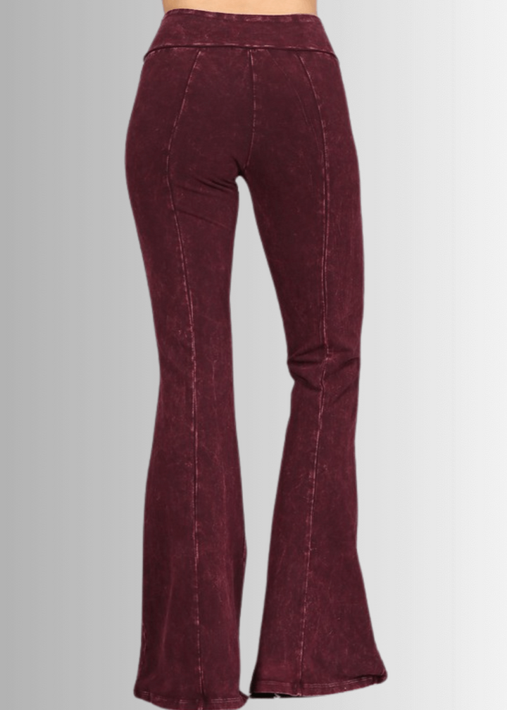 Made in USA Women's Slimming Mineral Washed Flared Pants, Jeggings in Mineral Washed Burgundy |  Made with USA Cotton | Classy Cozy Cool Made in America Boutique