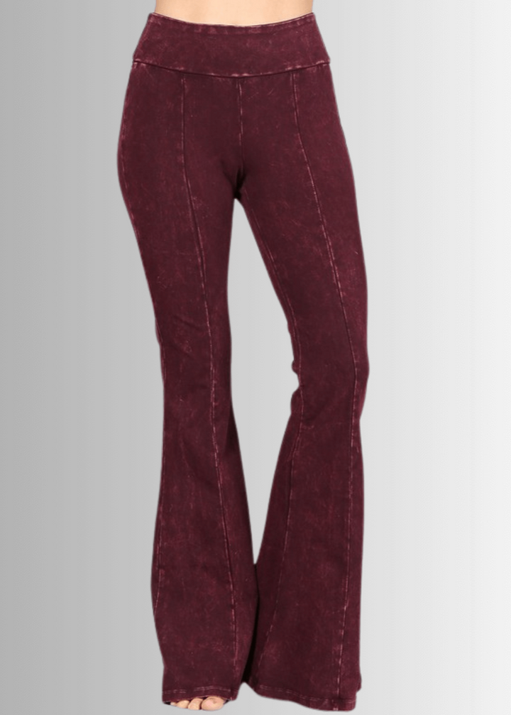 Made in USA Women's Slimming Mineral Washed Flared Pants, Jeggings in Mineral Washed Burgundy |  Made with USA Cotton | Classy Cozy Cool Made in America Boutique