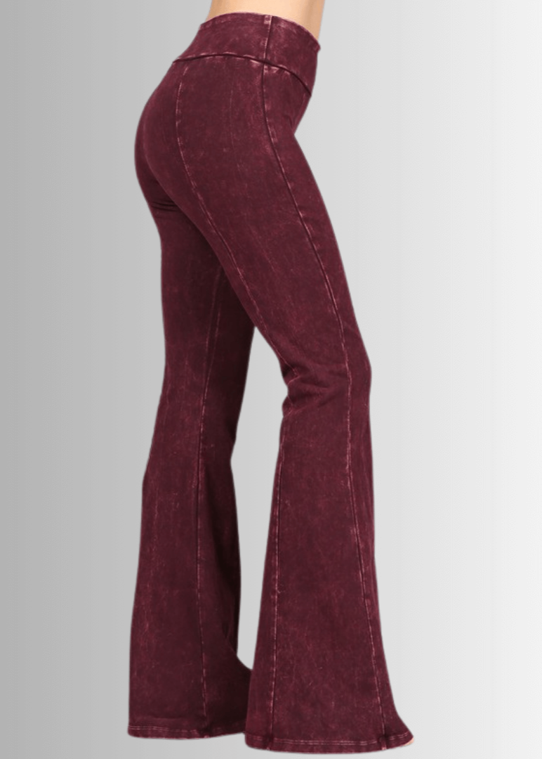 Made in USA Women's Slimming Mineral Washed Flared Pants, Jeggings in Mineral Washed Burgundy |  Made with USA Cotton | Classy Cozy Cool Made in America Boutique