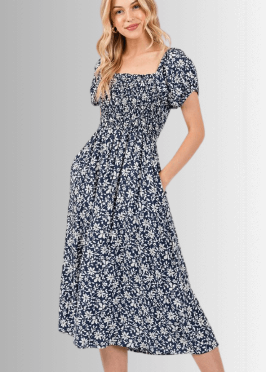 Delilah Navy Floral Smocked Midi Dress Floral / Small