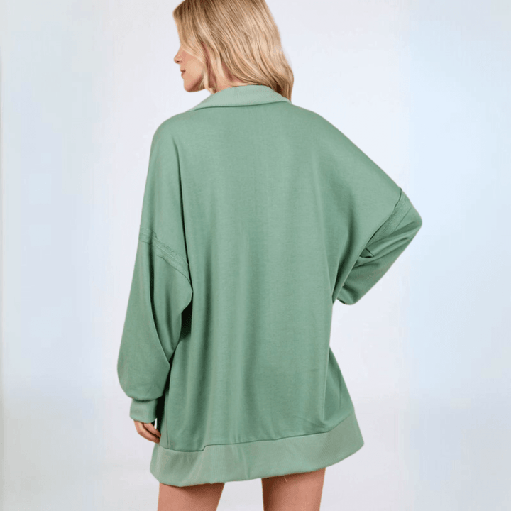 Made in USA Women's Snap Collar High Low Oversized Slouchy Tunic Sweatshirt with Side Slits Available in Sage Green and Heather Gray | Classy Cozy Cool Made in USA Boutique