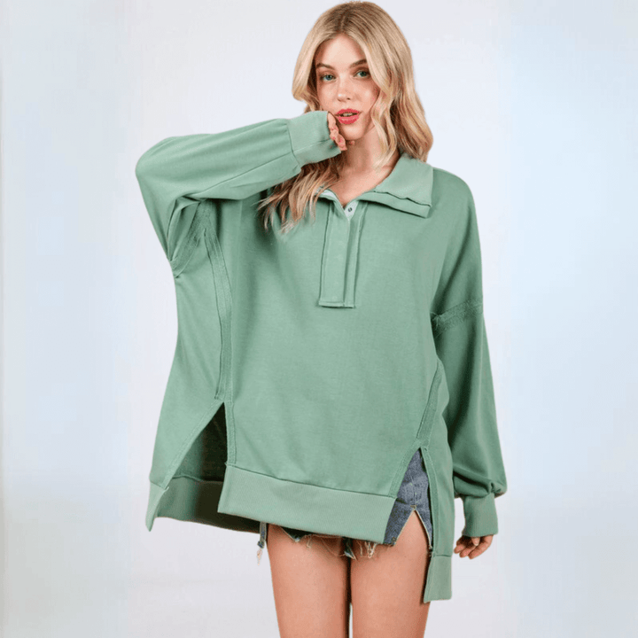 Made in USA Women's Snap Collar High Low Oversized Slouchy Tunic Sweatshirt with Side Slits Available in Sage Green and Heather Gray | Classy Cozy Cool Made in USA Boutique