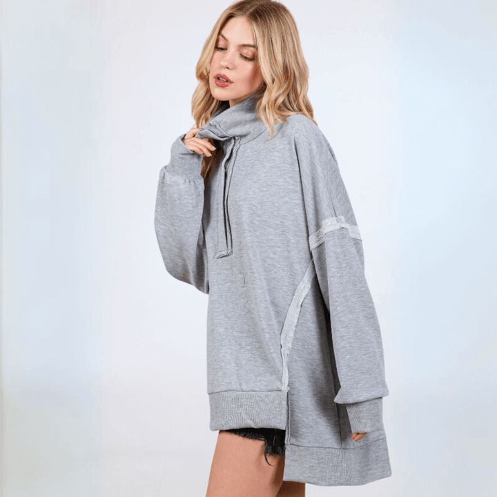 Made in USA Women's Snap Collar High Low Oversized Slouchy Tunic Sweatshirt with Side Slits Available in Sage Green and Heather Gray | Classy Cozy Cool Made in USA Boutique