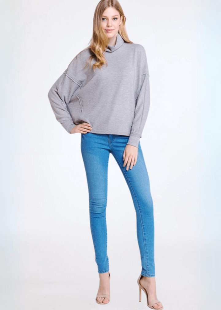 Made in USA Women's Light Grey Super Soft Turtle Neck Hacci Top with Raw Edge Inside Out Seams, Oversized Fit, Just Below Waist Length, Dolman Sleeves