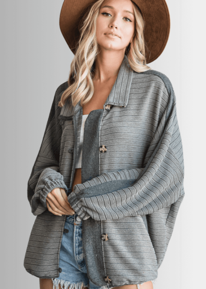 Brand: Bucket List | Made in USA | Olive Button Down Contrast Detail Lightweight Jacket T1548 | Classy Cozy Cool Women's Clothing Boutique