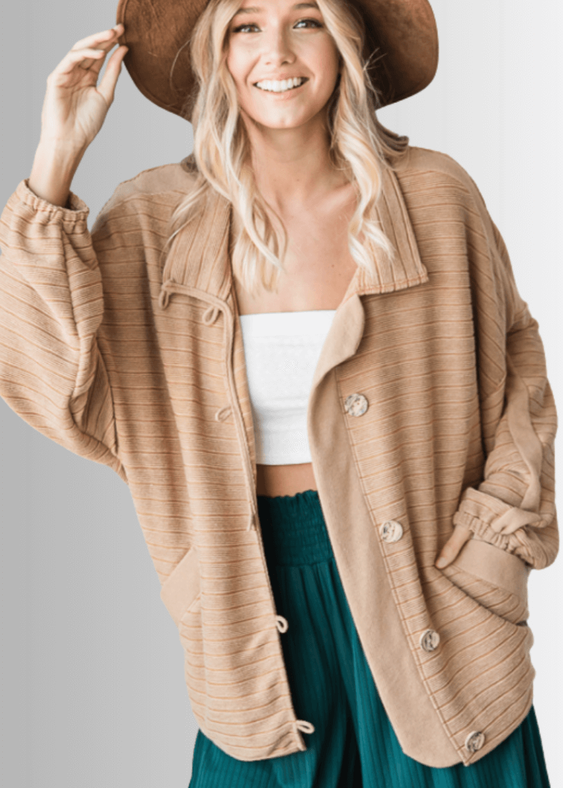 Brand: Bucket List | Made in USA |  Button Down Contrast Detail Lightweight Jacket in Camel | Style T1548 | Classy Cozy Cool Women's Clothing Boutique