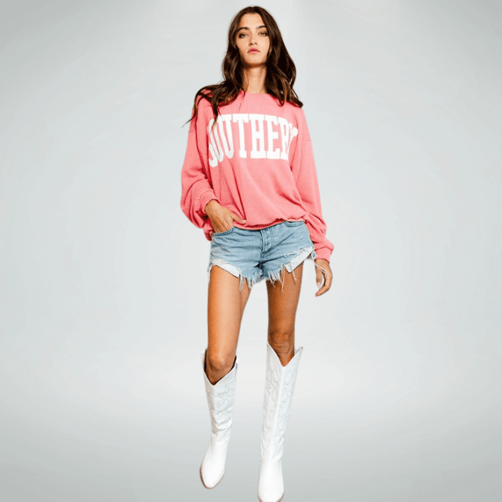 Made in USA Textured "SOUTHERN" Graphic Oversized Game Day Textured Ribbed Sweatshirt in CORAL with Crew Neck and Long Sleeves  | Bucket List Style T1770