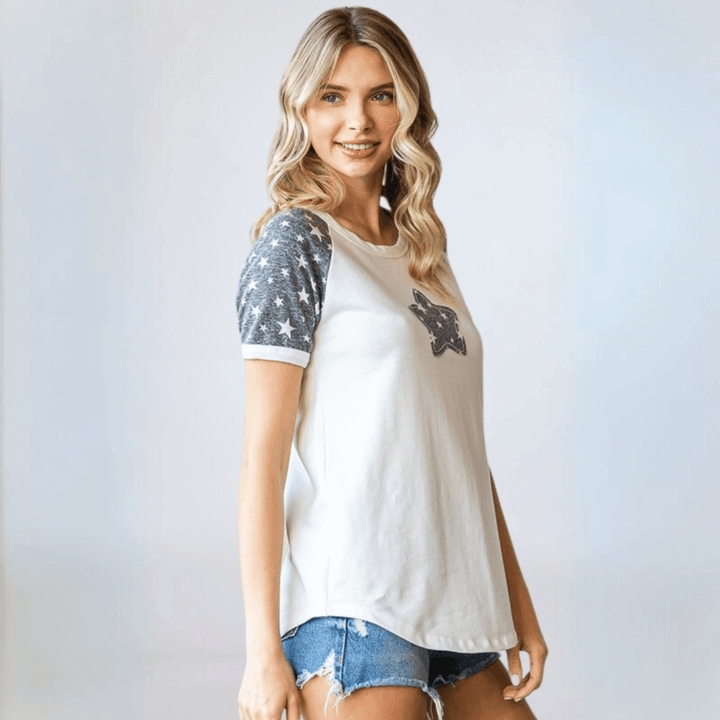 Made in USA Women's Patriotic Star Patch Raglan T-Shirt, Round Neckline, Raglan Short Sleeves, Semi-Fitted, Color Block Patchwork/Contrast, Curved Hem, 92% Cotton 8% Spandex Vintage Blue & Off White