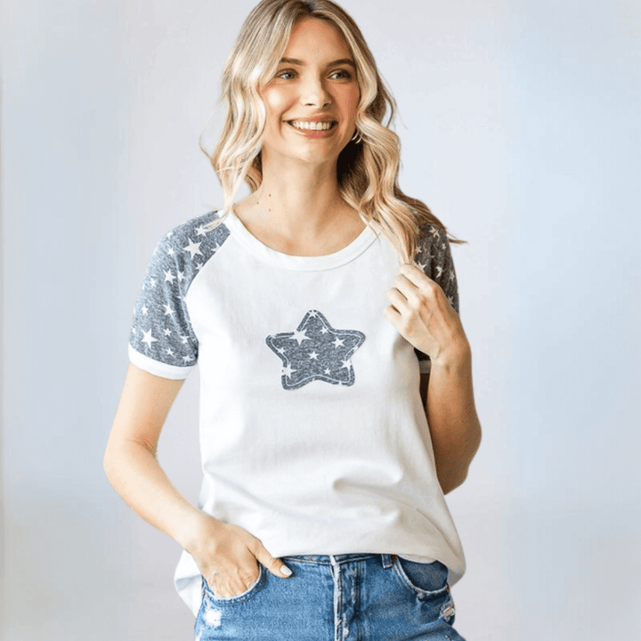 Made in USA Women's Patriotic Star Patch Raglan T-Shirt, Round Neckline, Raglan Short Sleeves, Semi-Fitted, Color Block Patchwork/Contrast, Curved Hem, 92% Cotton 8% Spandex Vintage Blue & Off White
