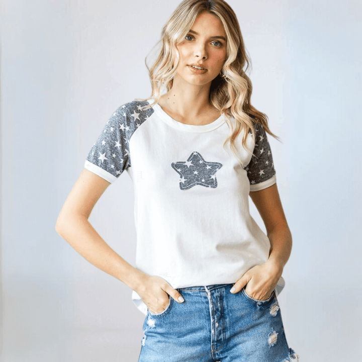 Made in USA Women's Patriotic Star Patch Raglan T-Shirt, Round Neckline, Raglan Short Sleeves, Semi-Fitted, Color Block Patchwork/Contrast, Curved Hem, 92% Cotton 8% Spandex Vintage Blue & Off White