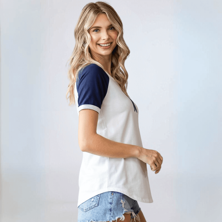 Made in USA Women's Navy Star Patch Raglan T-Shirt, Round Neckline, Raglan Short Sleeves, Fitted, 92% Cotton 8% Spandex White with Navy Patch | Classy Cozy Cool Made in America Boutique