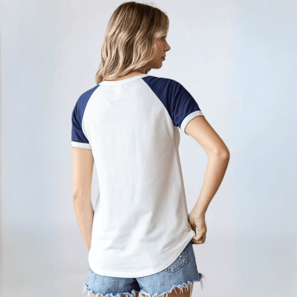 Made in USA Women's Navy Star Patch Raglan T-Shirt, Round Neckline, Raglan Short Sleeves, Fitted, 92% Cotton 8% Spandex White with Navy Patch | Classy Cozy Cool Made in America Boutique