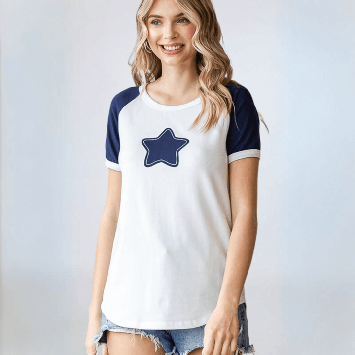Made in USA Women's Navy Star Patch Raglan T-Shirt, Round Neckline, Raglan Short Sleeves, Fitted, 92% Cotton 8% Spandex White with Navy Patch | Classy Cozy Cool Made in America Boutique