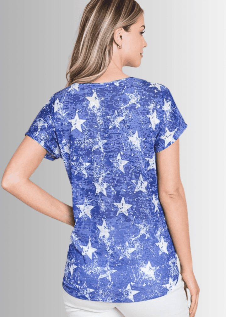 Made in USA Women's Patriotic Star Print Tie Front T-Shirt, Relaxed Fit, Short Sleeves, Burnout Look, Blue with White Star Print, V-Neckline, 60% Polyester 40% Cotton | Classy Cozy Cool Made in America Boutique