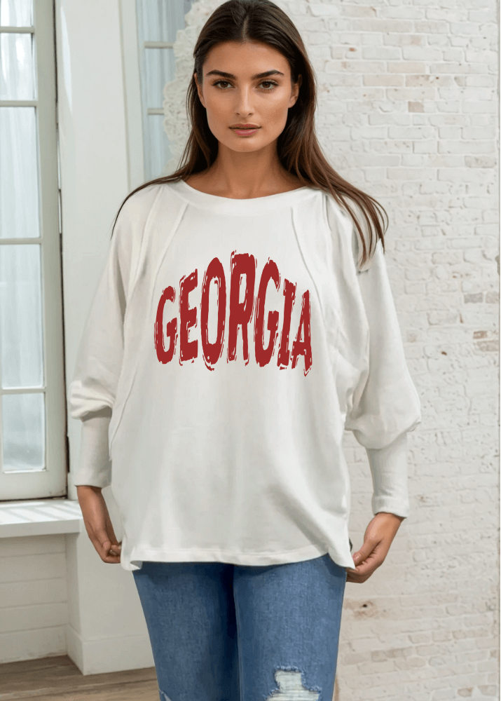 Made in USA Customizable Game Day Sweatshirt with Oversized Distressed Graphic Text on Women's Cotton Blend Off White Solid French Terry Dolman Sleeve Boat Neck, Wide Cuff, Raw edge detail | Classy Cozy Cool Women's Made in America Boutique